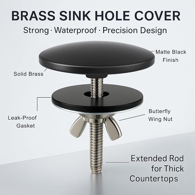 2 Pcs Solid Brass Kitchen Sink Hole Cover, 2 Inch Faucet Hole Cover, Matte Black Finish Tap Hole Plate Stopper Cover, Countertop Hole Cover for Kitchen and Bathroom Sinks (Matte Black)