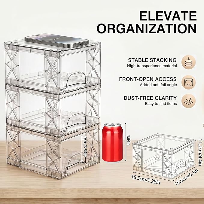 Plastic Storage Drawers, 4.4in Stackable Box 8 Pack Simply Assembled Bins Containers Suitable for Cosmetics, Bathroom, Kitchen, Cabinets