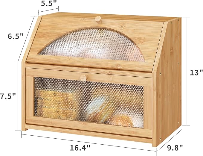 Bread Box, Bamboo Wood Bread Box for Kitchen Counter, Double-layer Bread Storage Bin, Acrylic glass with Diamond Patterns (Natural, Large)