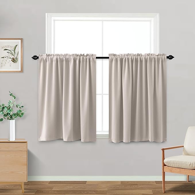 KOUFALL Small Summer Thermal Cafe Curtains for Kitchen Window Over Sink, Room Darkening Neutral Tan Beige Boho Farmhouse Tier Half Curtains, Wide 34 x 24 Inch Length