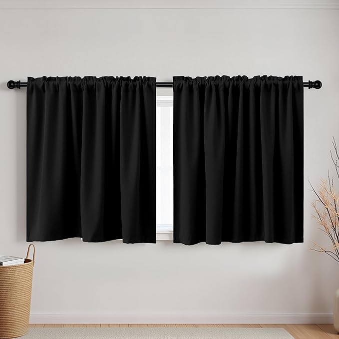 KOUFALL 52" W Short Blackout Curtains for Wide Small Windows & RV Camper, 30 Inch Length Thermal Insulated Room Darkening Half Window Drapes for Bedroom Kitchen Cafe, Black