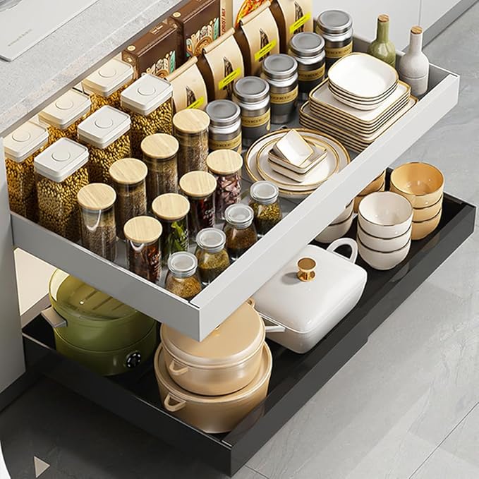 Pull Out Cabinet Organizer Fixed, Pull Out Drawers for Cabinets, No Drill Roll Out Shelves Adhesive, Sliding Under Sink Storage Organization for Kitchen