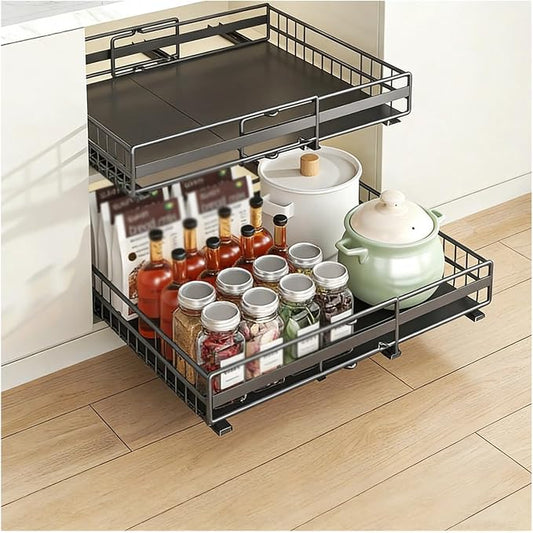 2-Pack Pull Out Cabinet Organizer, Adjustable Expandable 3-Slide Rails Drawers, No Drill Adhesive Cupboard Storage Shelf for Kitchen, Pantry, Living Room, Bathr(Color:Black 2 Pack (1 Large + 1 Small))