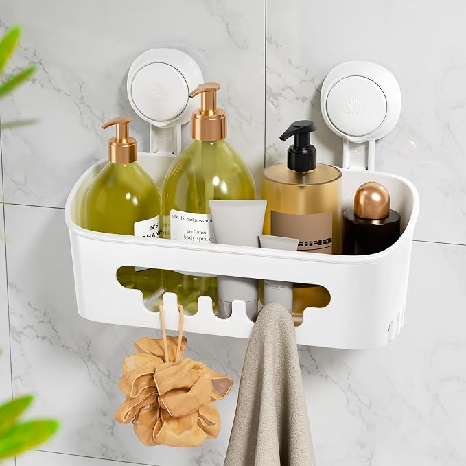 LEVERLOC Shower Caddy Suction Cup, Shower Organizer Removable Bathroom Shelf, Storage Suction Powerful Max Hold 22lbs Bathroom Caddy Waterproof Holder, White