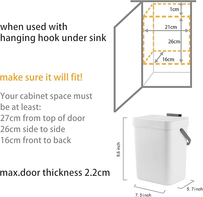 stonespace 1.3 Gal Kitchen Compost Bin, Hanging Trash Can for Cabinet Door | Under Sink Mountable, Compost Pail, For Kitchen, For Countertop