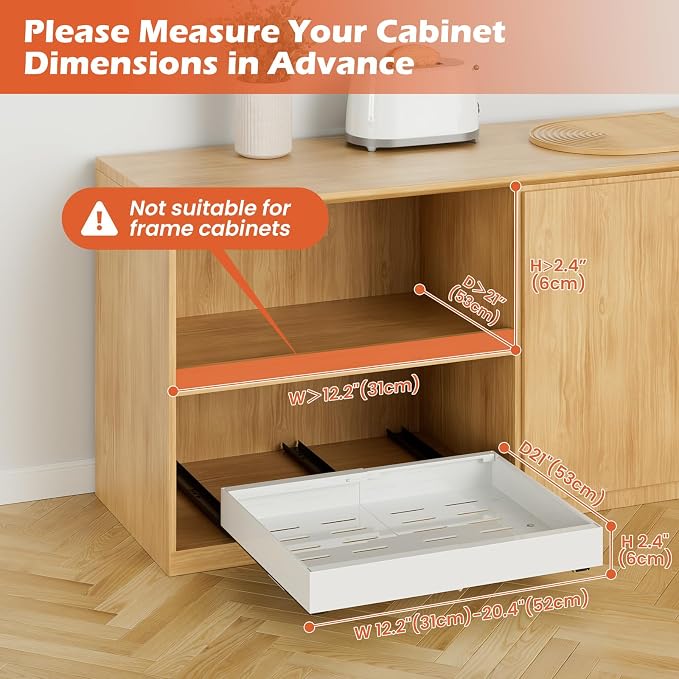 1 Pack Expandable Pull Out Cabinet Organizer 21"Deep, Adjustable Width 12.2"-20.4" Slide Out Drawers & Roll Out Shelves for Kitchen Cabinets, Easy Install with Double-Sided Adhesive, White
