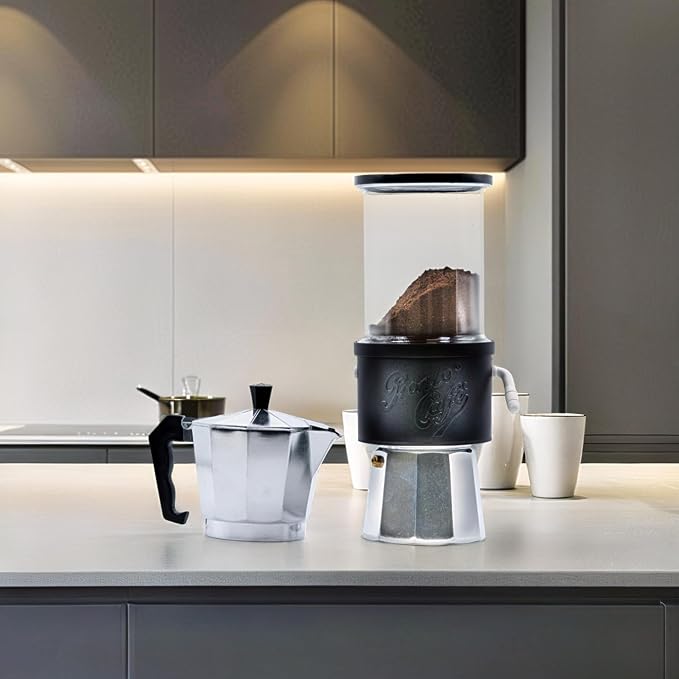 Lavatelli: Pronto Caffè - Black - Coffee Grounds Dispenser for Mocha Pots, Kitchen Jar, Container Preserves Powder Freshness, 1960's Italian Style