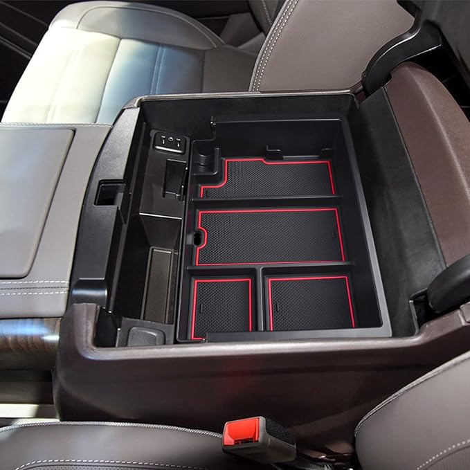Full coverage Center Console Organizer Compatible with 2014-2018 GMC Sierra 1500 /Chevy Silverado 1500 Accessories 2015-2020 Yukon XL/Tahoe Suburban Insert Armrest Storage ABS Plastic, Red