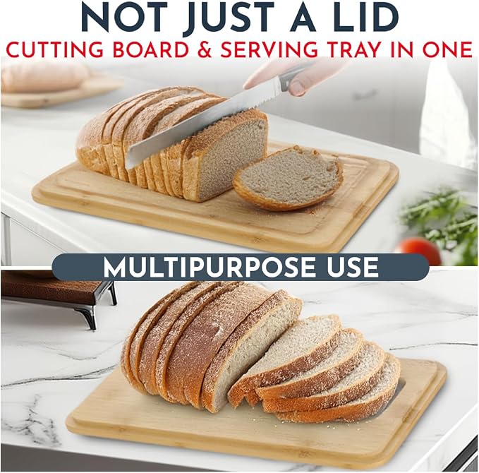 Culinary Couture White Bread Box for Kitchen Countertop with Bamboo Lid - Large BreadBox for Homemade Bread - Storage BreadBox with Cutting Board Lid