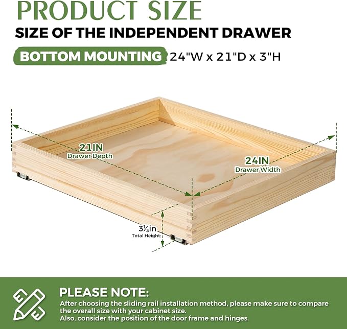 Wooden Pull Out Cabinet Organizer 24" W x 21" D x 3" H Solid Wood Drawer with Soft Close Slides Bottom or Side Mount for Pantry Bathroom