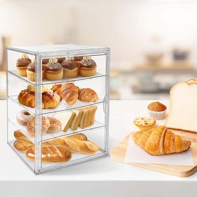 BOHOIDEE Extra Large 4 Tiers Clear Bread Box for Kitchen Counter, Acrylic Bread Keeper Stackable Storage Container Plastic Bread Bin Holder with Magnetic Door for Pantry Countertop