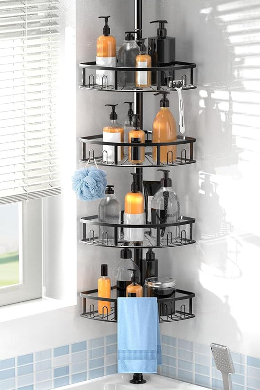 4-Tier Rustproof Corner Shower Caddy with Tension Pole, 42-115 Inch Adjustable Height Shower Organizer, Shower Shelves with Hooks, Freestanding Bathroom Organizer - Black