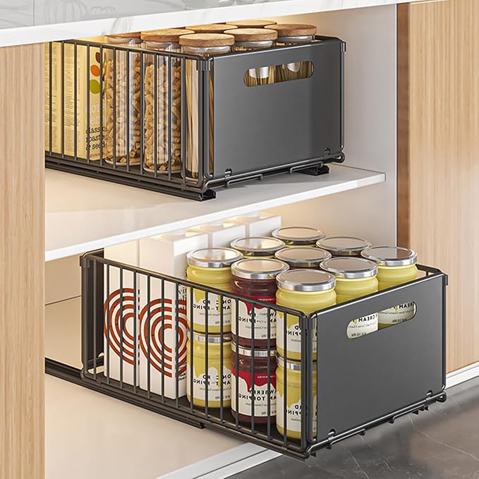 2Pcs Pull Out Cabinet Organizer, Pull out drawers for cabinets with EVA Adhesive Tape, Heavy Duty Sliding Kitchen Organizers and Storage, Suitable for Pantry, Bathroom, Bedroom BlackS