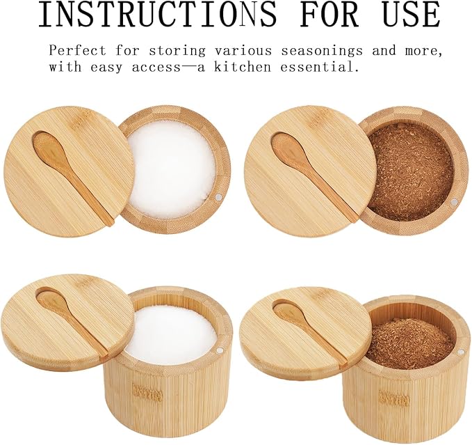 Bamboo Salt Cellar Set of 4 with Magnetic Swivel Lid & Spoon, Salt and Pepper Storage Container, Kitchen Countertop Organizer for Spices, Herbs