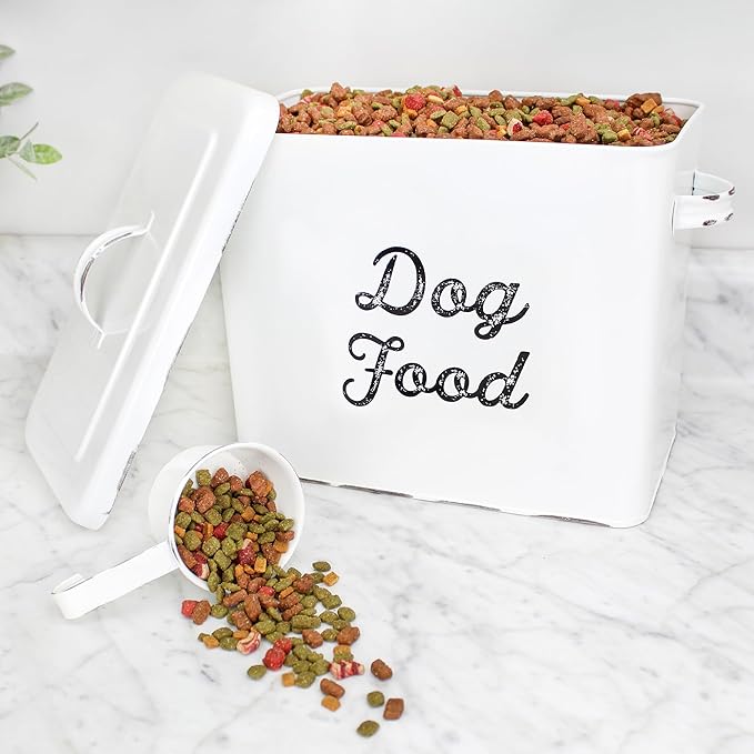 AuldHome Design Rustic Dog Food Canister, White Farmhouse Style Storage Bin for Small Dogs