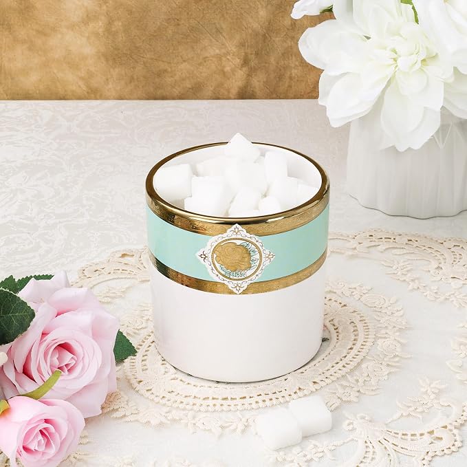 fanquare Small Porcelain Canister, Luxury Gold and Green Printing Decorative Jar, Normal Size Ceramic Container for Sugar, Tea, Coffee, Countertop