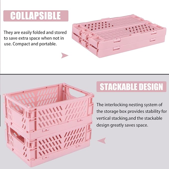 Tixill 2-Pack Mini Foldable Plastic Baskets for Organizing and Storage, Collapsible Storage Crate for Home Kitchen Bedroom Bathroom Office (5.9x3.8x2.2, Pink)