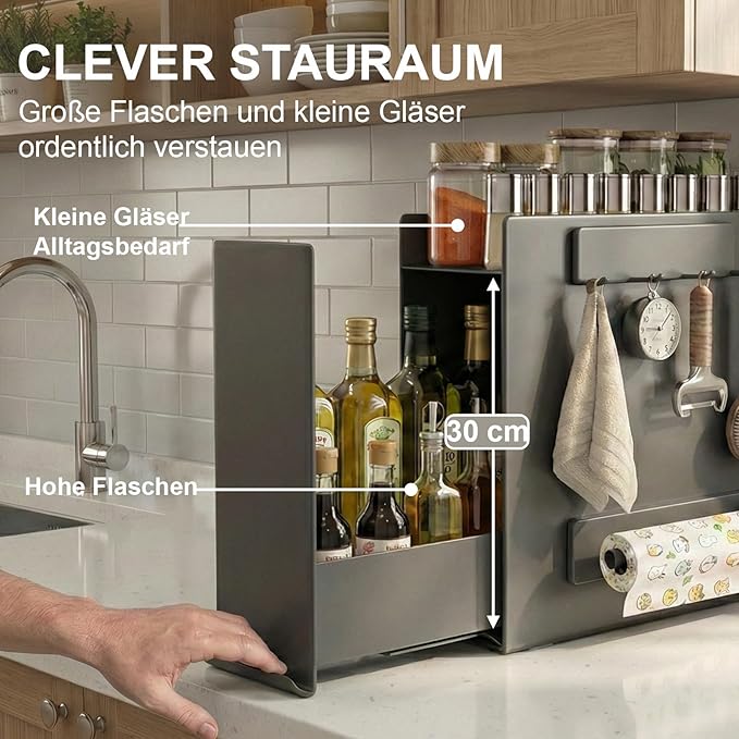 2 Tier No Assembly Pull Out Spice Rack Countertop, Sliding Drawer for Tall Bottles, with Magnetic Panels with Paper Towel Holder and 4 Hooks (Dark Grey, 2-Tier Dark Grey with Accessories)