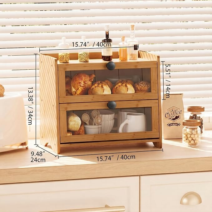 BAMBANG Bread Box for Kitchen Countertop, Extra Large Bamboo Bread Storage Container for Homemade Bread, Double Layer Sourdough Breadox, Bread Bin Organizer for Counter Cabinet Pantry, Natural