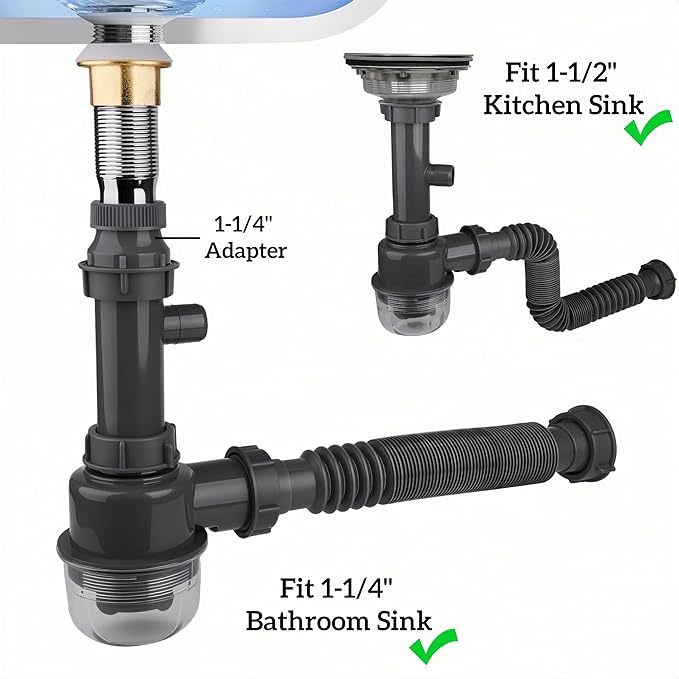1-1/4" and 1-1/2" PVC Bottle Trap Plumbing Kit with Threaded Adapter, Sink Drain kit for Bathroom and Kitchen, P-Trap Replacement, Flexible Extension Tube Drain Tailpiece