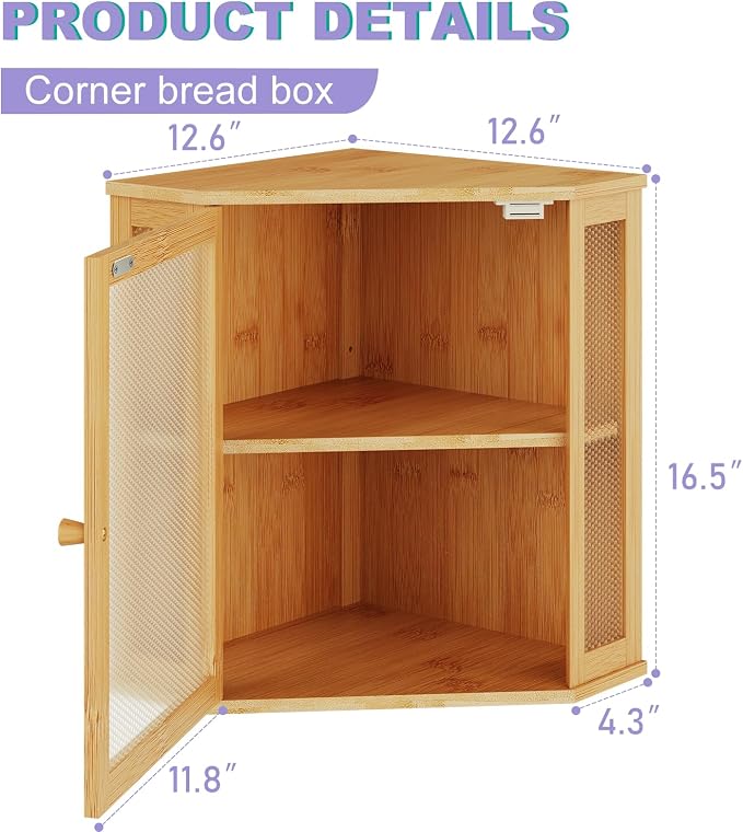 Bamboo Bread Box with Acrylic Window Display,Kitchen Countertop Storage,(Natual, Medium)