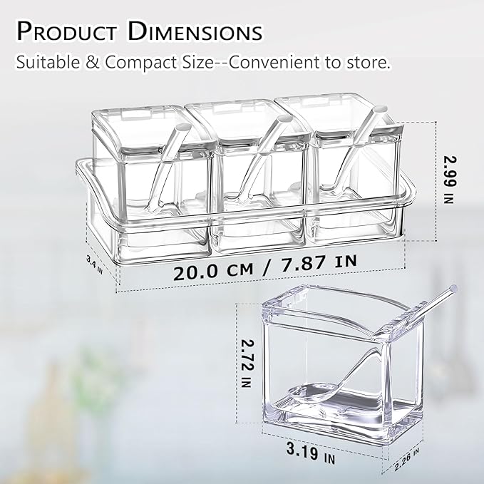 V·RESOURCING Clear Seasoning Box, 3 Pieces Seasoning Rack Spice Pots Storage Container for Spice Salt Sugar Cruet Liquid,Condiment Jars with 3 Spoons