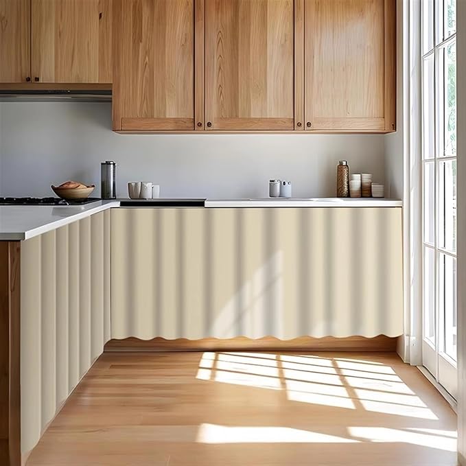 Under Sink Curtain for Closet, Privacy Short Cabinet Curtain Self Stick Adhesive Desk Skirt for Kitchen Classroom, Beige A, 47" W x 20" L