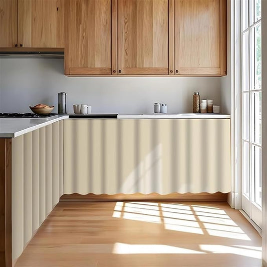 Under Sink Curtain for Closet, Privacy Short Cabinet Curtain Self Stick Adhesive Desk Skirt for Kitchen Classroom, Beige A, 32" W x 20" L
