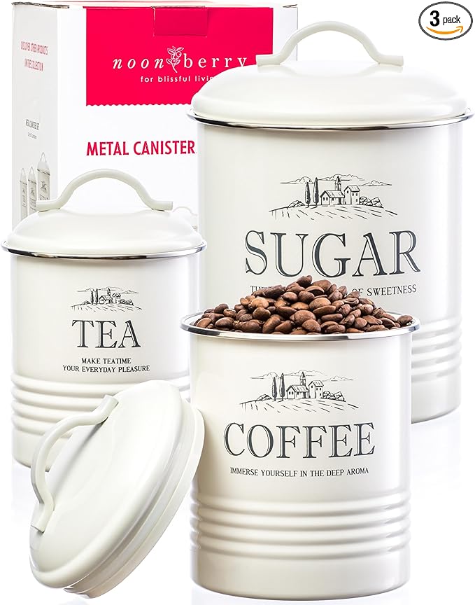 noonberry Kitchen Canisters for Countertop – 3-Piece Airtight Kitchen Canister Set – Sugar Coffee Tea Containers for Kitchen Counter – Cream-White Magnolia Finish