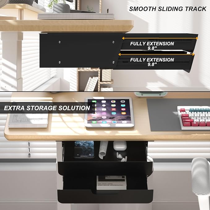 Under Desk Mounted Sliding Double Layer Drawer with Tilt Panel to Pull Out, 11.6'' Long & 10.4'' Deep Dual Storage Organizer for Sit Stand Workstation