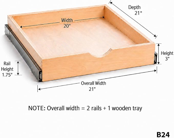 COUVER Birch Wood Pull-Out Cabinet Organizer - Soft Close Slide-Out Drawer for Kitchen & Bathroom, DIY Non-Assembled Wooden Under Sink Storage, Bottom-Mounted Side-Mounted, 21 inch