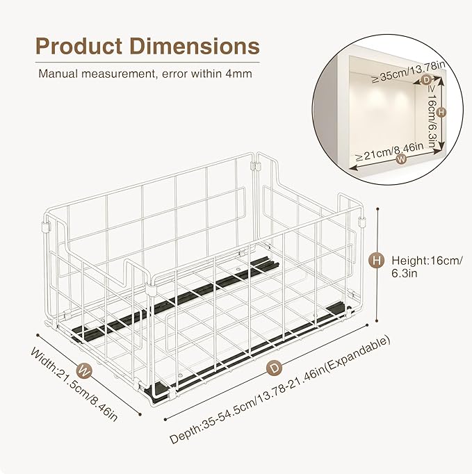 Pull Out Cabinet Sliding Basket Organizer, Heavy Duty Slide Out Drawer for Kitchen Cabinet, No Drill Adhesive Sliding Shelves for Kitchen Bathroom Home, 13.8" D x 8.5" W x 6.3" H, White