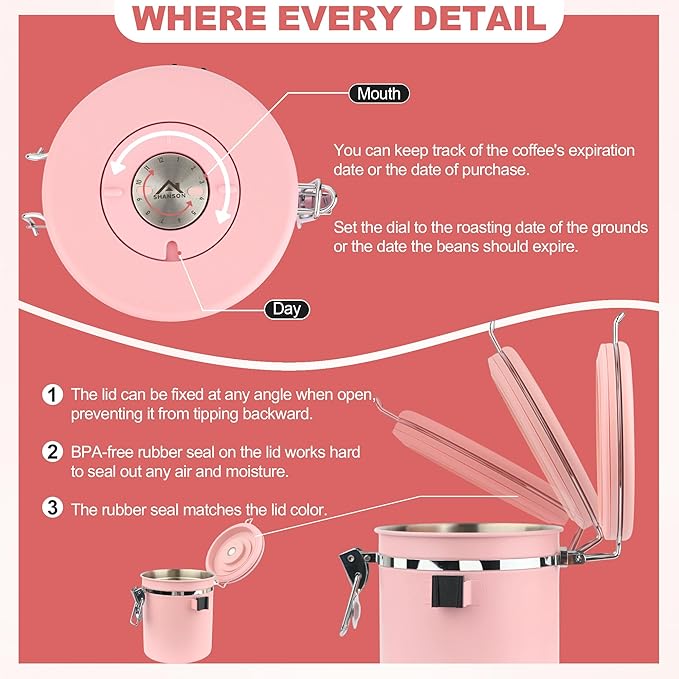 ShanSon Coffee Canister Airtight, Stainless Steel Bean Storage Container with Date Tracker & Scoop, Grounds Sugar Flour Tea Cereal Fits Kitchen Pantry, Ideal Gift for Coffee Lovers,22oz, Pink