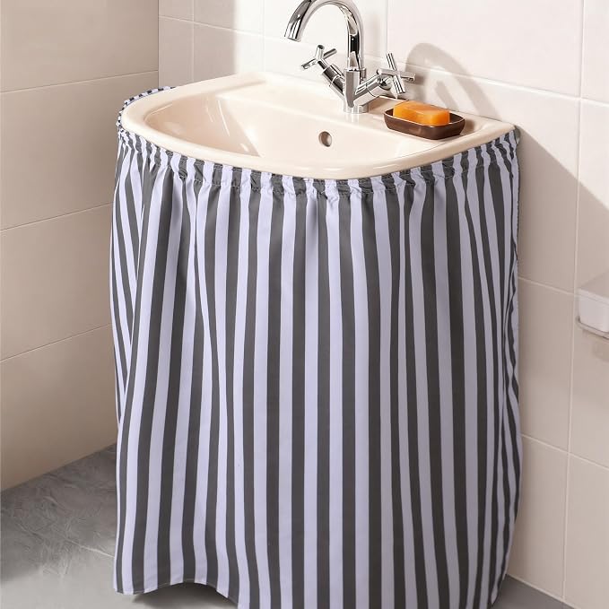 Hahafelt Self-Adhesive Sink Skirt, 55"x32" Waterproof Fabric Under Sink Cover with Diamond Stitch, Hide Pipes & Storage for Bathroom, Kitchen, Laundry Room, Rental Home Decor(Stripe)