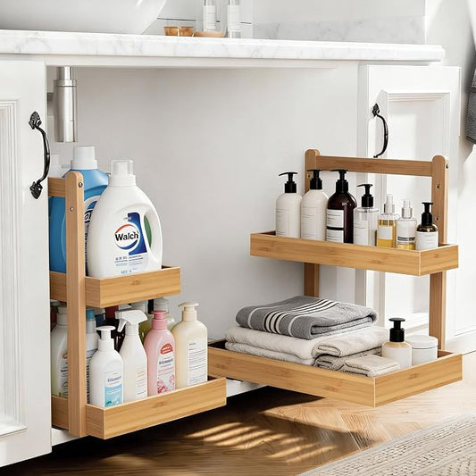 2-Tier Under Sink Pull Out Organizer, Bamboo Cabinet Storage Shelf with Adjustable Height, Slide Out for Kitchen Bathroom Pantry (Natural, 2 Packs)