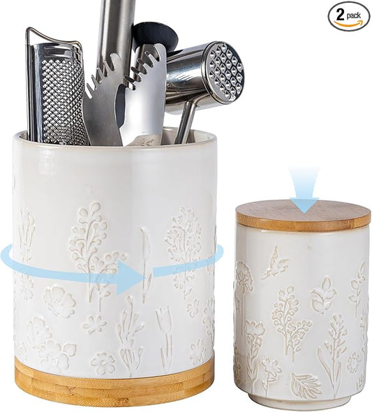 TEATALK Vintage Ceramic Utensil Crock Set, Airtight Lid & Rotating Base for Countertop, Farmhouse Kitchen Organizer, Large and Small Dark Blue Crocks in White Garden Pattern, 7.7"+5.7"