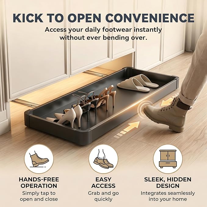 Under-Cabinet Pull Out Shoe Rack, Push-to-Open Sliding Storage Tray for Entryway/Closet, Hidden Kick-to-Open Shoe Organizer, No-Drill Installation, Durable Aluminum Frame