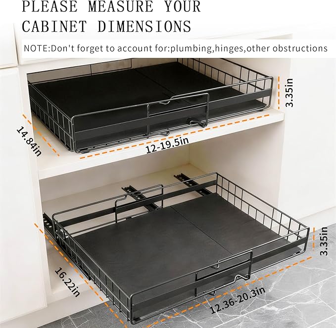 2 Pack Expandable Pull out Cabinet Organizer, Width (13"-21") Pull Out Drawers for Cabinets, Full Extension Upgrade 3 Slide Rails Slide Out Drawers, No Drill Adjustable Roll Out Shelves (Black)