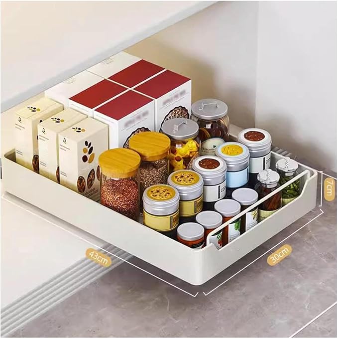 Pull Out Cabinet No Drill No Nails Sliding Storage Solution for Kitchen & Bathroom White 43x30x7cm Easy to Install Space Saving Design，White 43 * 30 * 7cm