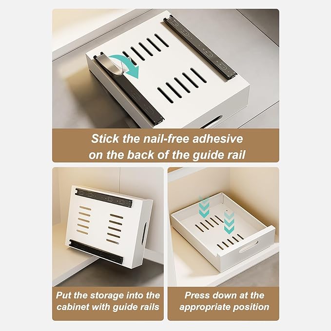 Slide Out Drawer Storage Shelves For Cupboard Cabinet,Extendable Sliding Drawer,No Need Drill and Nailing,for Pantry and Bathroom Vanity,with Adhesive Nano Film. ( Color : White , Size : 25*43*7cm )