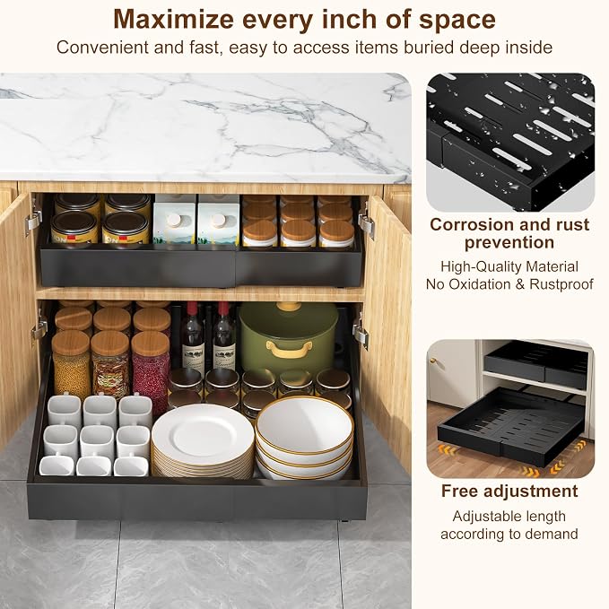 Expandable Pull Out Cabinet Organizer 16.5"Deep, 12.4-20.4" Slide Out Drawers for Kitchen Cabinet,Adjustable Cabinet Drawer for Pot/Pan,Pull Out Shelves Fixed with Adhesive Film or Screws(black)