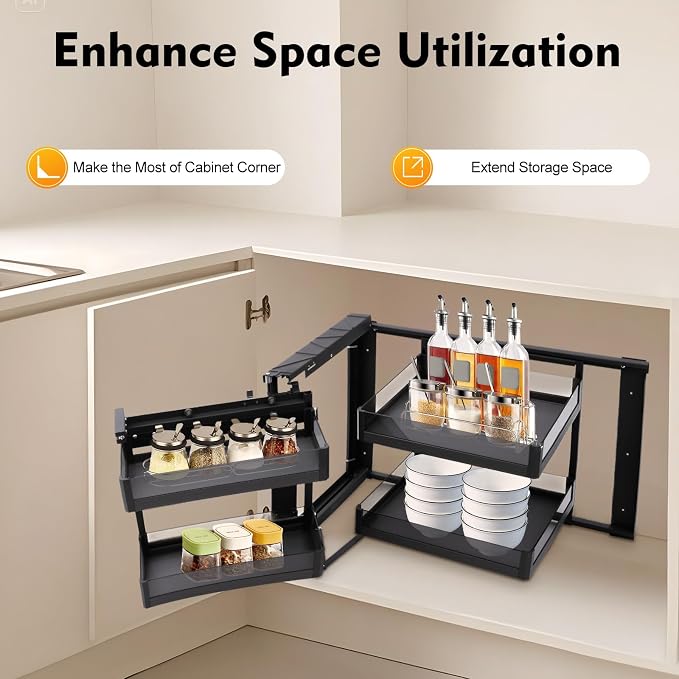 2-Tier Stainless Steel Pull out Organizer, Ideal Slide out Spice Rack for Cabinet, Blind Corner Cabinet with 4 Baskets (Pull-Out)