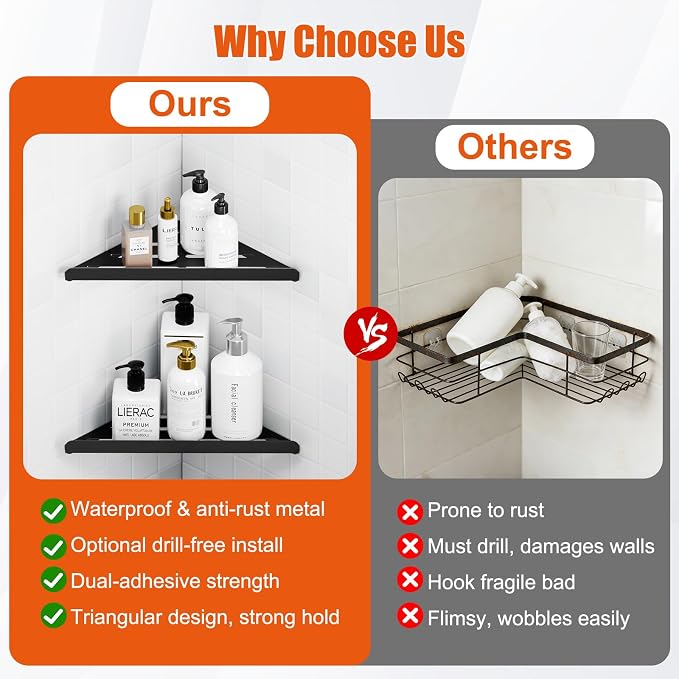 Fikoksol Shower Caddy, 4 Pack Bathroom Corner Shelf, Triangle Shelf Storage for Bathroom Shower, Black Metal Shower Shelf & Rustproof Wall Mounted Adhsive Glue Organizer Accessories and Essentials
