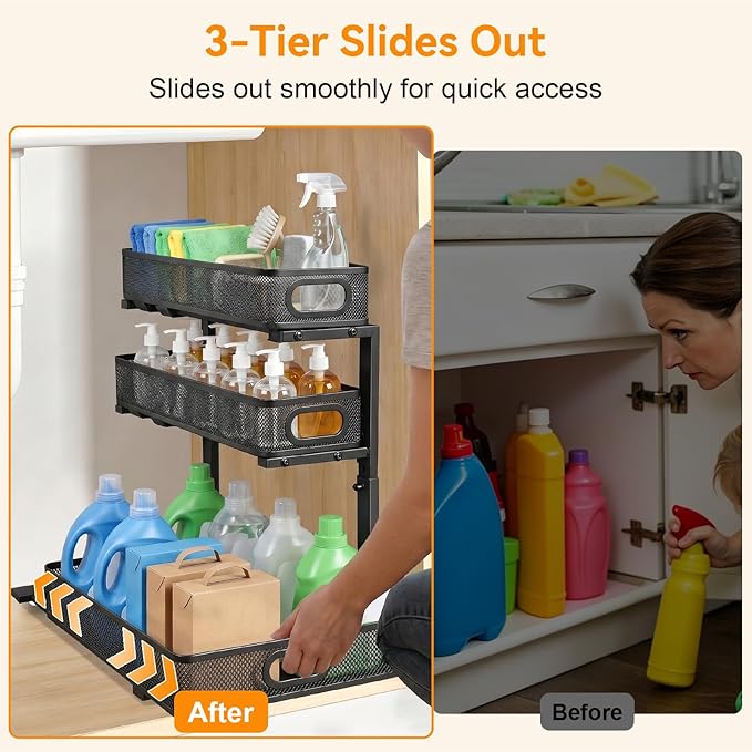 Under Sink Organizer for Bathroom, 3 Tier Adjustable Height Under Sink Storage, Sliding Pull Out Cabinet Organizer Shelf, Metal Multi-Purpose Cabinet Organizer for Kitchen (1 Pack, Black)