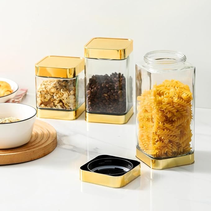 Glass Storage Jars-Large Kitchen Glass Canisters with Airtight Lids -Coffee Pasta Sugar Tea Snack Nuts Cookie Flour Food Container - Set of 3…
