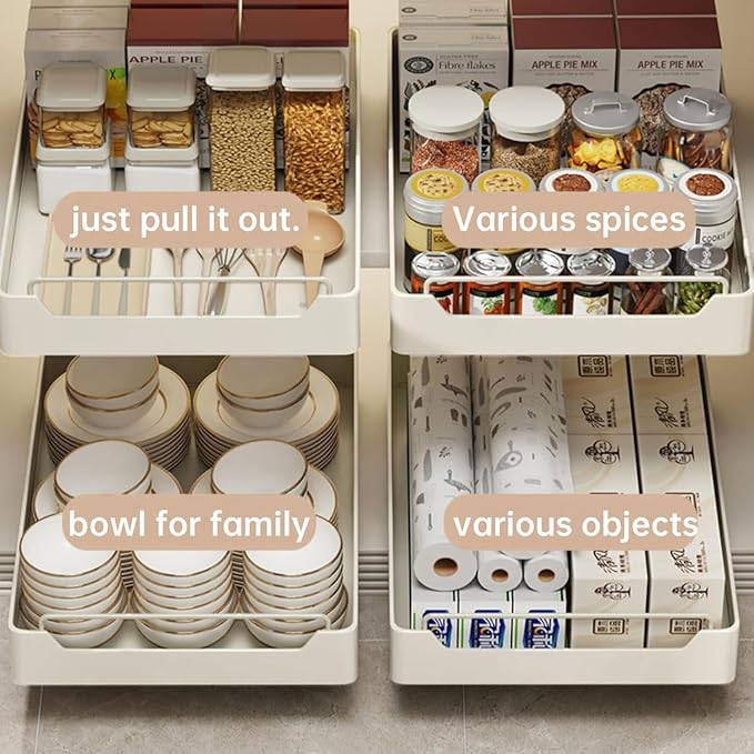 25cm Wide Heavy Duty Pull-Out Cabinet Organizer – Soft-Close Slide-Out Drawer, No-Drill Ultra Adhesive, Steel Storage Shelf for Kitchen, Pantry or Bathroom, Noiseless Sliding