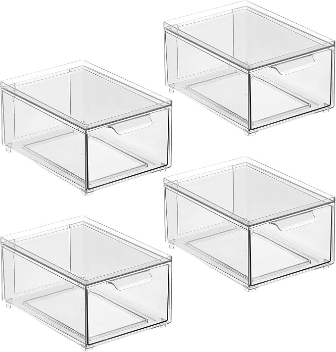 mDesign Plastic Bathroom Organizer Bin w/Pull Out Drawer - Slim Stackable Storage Container for Bathroom Accessories - Perfect for Organizing Bathroom Cabinet - Lumiere Collection - 4 Pack - Clear