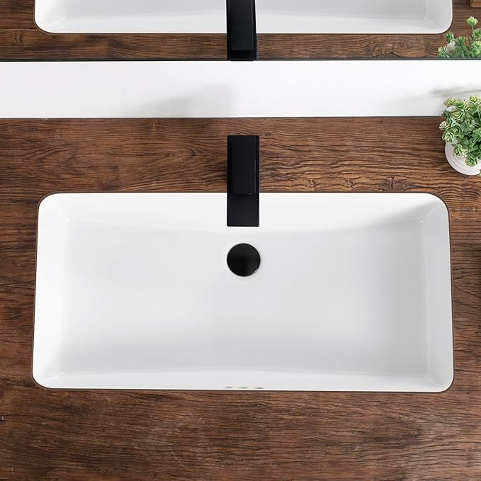 32 Inch Undermount Bathroom Sink White Ceramic Rectangular Under Counter Bathroom Sink for Cabinet Porcelain Vanity Sinks,Overflow Type (31.9"x16.5")