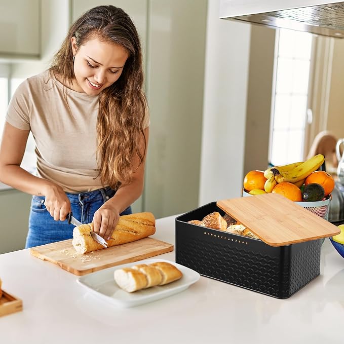 Hossejoy Metal Bread Box with Bamboo Cutting Board Lid, Bread Storage Container for Kitchen Countertop, Modern Bread Bin Holder Breadbox, Kitchen Decor Organizer (Black)