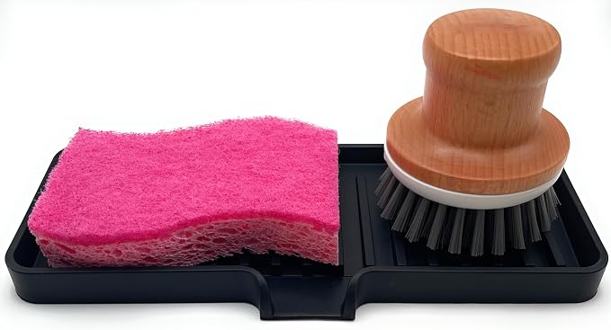 Silicone Soap Dish Tray and Sponge Holder with Drain Chute, Rectangular, Kitchen and Bathroom Sink Organizer (Black, 9"x3.5")